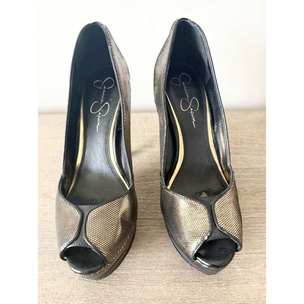 Jessica Simpson Evette Tarnish Gold Metallic Open Toe Platform Heel Size 7 - Picture 3 of 9